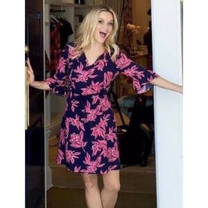 Draper James Women's 8 Flared Elbow Sleeve Shift Dress Navy Pink Preppy Coastal